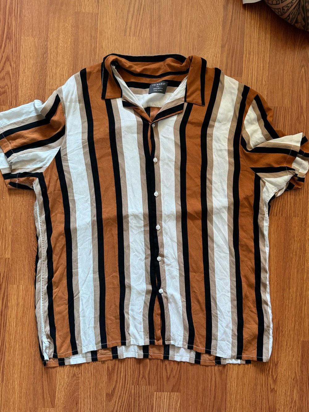 Primark Vertical Stripe Short-Sleeve Button-Down in Brown, White & Black